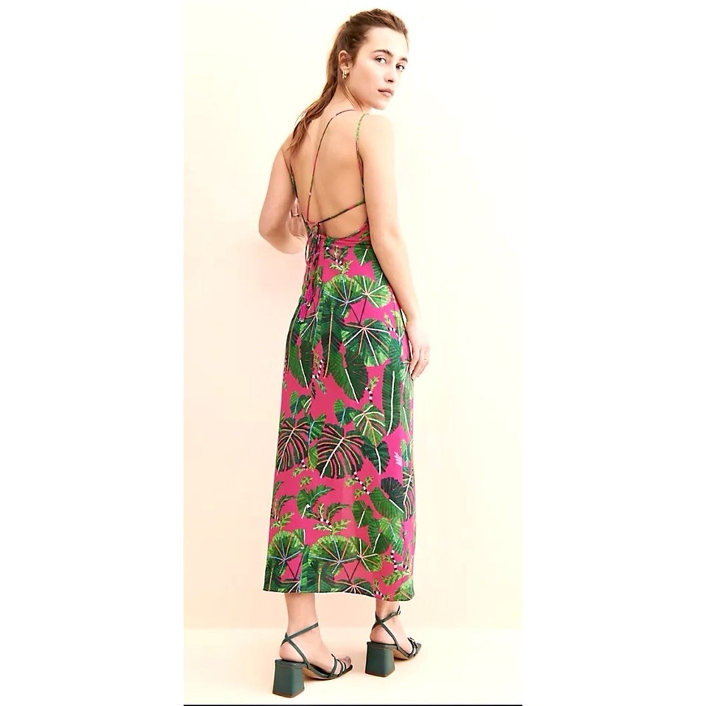 Farm Rio Leaves Pink Midi Dress XS Strappy Ruched Front Slit Tropical Print - Picture 3 of 16
